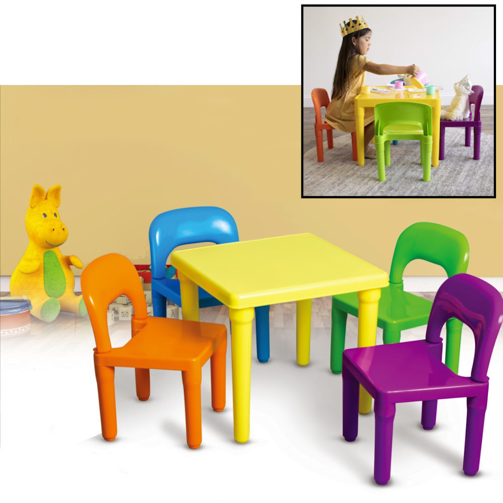 neef Moeras roze DECOPATENTKindertafel met stoeltjes van kunststof - 1 tafel en 4 stoelen  voor kinderen - Multi Color Gekleurde Tafel & Stoelen - Kleurtafel /  speeltafel / knutseltafel / tekentafel / zitgroep set - Kindertafel en  stoeltjes - Decopatent® - Verkoop com