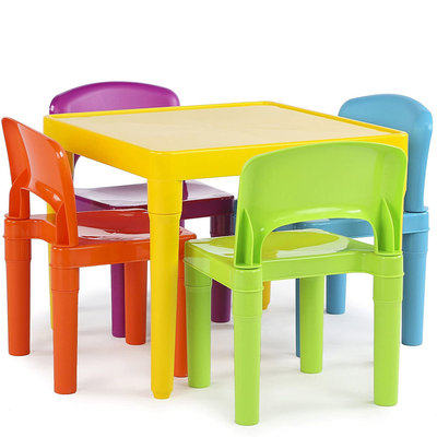 Decopatent Kindertafel met stoeltjes van kunststof - 1 tafel en 4 stoelen voor kinderen - Multi Color Gekleurde Tafel & Stoelen - Kleurtafel / speeltafel / knutseltafel / tekentafel / zitgroep set - Kindertafel en stoeltjes - Decopatent®