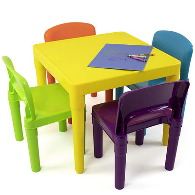 Decopatent Kindertafel met stoeltjes van kunststof - 1 tafel en 4 stoelen voor kinderen - Multi Color Gekleurde Tafel & Stoelen - Kleurtafel / speeltafel / knutseltafel / tekentafel / zitgroep set - Kindertafel en stoeltjes - Decopatent®