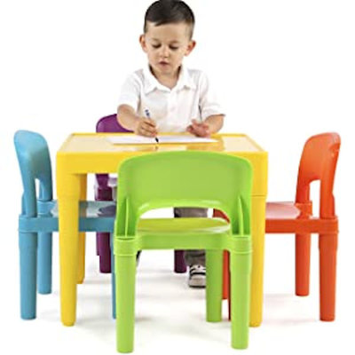 Decopatent Kindertafel met stoeltjes van kunststof - 1 tafel en 4 stoelen voor kinderen - Multi Color Gekleurde Tafel & Stoelen - Kleurtafel / speeltafel / knutseltafel / tekentafel / zitgroep set - Kindertafel en stoeltjes - Decopatent®