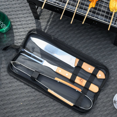 Decopatent BBQ Gereedschap SET 4 Delig in Draagtas - Barbecue Gereedschapset - Barbecue Accessoires Gereedschap - BBQ grill Set in draag tas - Barbeque gereedschapset in Tas koffer - Tang - Spatel - Vleesvork - Barbecuegerief - Rvs/Hout - Decopatent®