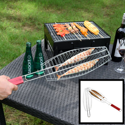 Decopatent Visklem voor BBQ / Barbeque met Houten Handvat - Bbq Vissen klem - Visklemmen bbq accesoires - Visklemmen - Visgrill - Grill rooster - Barbecuerooster - Visrooster vis klem - Vistang - Vishouder - Vis barbecue - Decopatent®