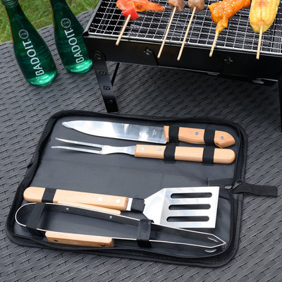 Decopatent BBQ Gereedschap SET 5 Delig in Draagtas - Barbecue Gereedschapset - Barbecue Accessoires Gereedschap - BBQ grill Set in draag tas - Barbeque gereedschapset in Tas koffer - Tang - Spatel - Vleesvork - Vlees Mes - Barbecuegerief - Rvs/Hout - Decopatent®