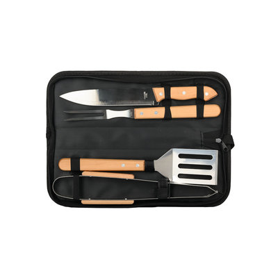 Decopatent BBQ Gereedschap SET 5 Delig in Draagtas - Barbecue Gereedschapset - Barbecue Accessoires Gereedschap - BBQ grill Set in draag tas - Barbeque gereedschapset in Tas koffer - Tang - Spatel - Vleesvork - Vlees Mes - Barbecuegerief - Rvs/Hout - Decopatent®