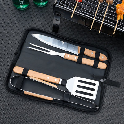 Decopatent BBQ Gereedschap SET 5 Delig in Draagtas - Barbecue Gereedschapset - Barbecue Accessoires Gereedschap - BBQ grill Set in draag tas - Barbeque gereedschapset in Tas koffer - Tang - Spatel - Vleesvork - Vlees Mes - Barbecuegerief - Rvs/Hout - Decopatent®