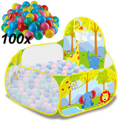 Decopatent Ballenbak met Basketbal Net & Inclusief 100 Ballen - Baby Speelgoed Ballenbak met Vrolijke Dieren print - Ballenbad voor kinderen - Zeshoekig ballenbad - Ballentent Pop up systeem - Ballenbak met 100 stuks ballen - Decopatent®