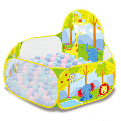 Decopatent Ballenbak met Basketbal Net & Inclusief 100 Ballen - Baby Speelgoed Ballenbak met Vrolijke Dieren print - Ballenbad voor kinderen - Zeshoekig ballenbad - Ballentent Pop up systeem - Ballenbak met 100 stuks ballen - Decopatent®