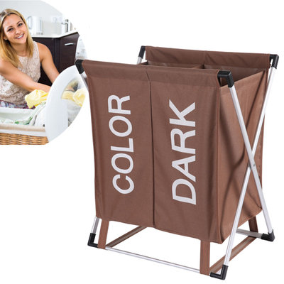 Decopatent Wassorteerder 2 Vakken voor Donkere & Gekleurde was - 60 Liter - Opvouwbaar frame -Wasmand 2 Vakken - Badkamer Wassorteerder met 2 vakken - Waszak om was te sorteren op kleur - Wasmand met 2 vakken - Kleur: BRUIN - Decopatent®