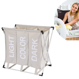 Decopatent Wassorteerder 3 Vakken voor Donkere / Lichte & Gekleurde was - 90 Liter - Opvouwbaar frame -Wasmand 3 Vakken - Badkamer Wassorteerder met 3 vakken - Waszak om was te sorteren op kleur - Kleur: BEIGE - Decopatent®