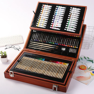 Decopatent Luxe XL 174 Delige Houten Schilderskoffer - Tekendoos - Tekenkoffer - Schilderskist - Schilderset en Aquarel Tekenset