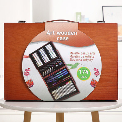 Decopatent Luxe XL 174 Delige Houten Schilderskoffer - Tekendoos - Tekenkoffer - Schilderskist - Schilderset en Aquarel Tekenset