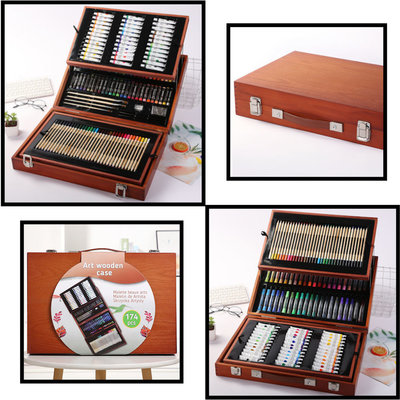 Decopatent Luxe XL 174 Delige Houten Schilderskoffer - Tekendoos - Tekenkoffer - Schilderskist - Schilderset en Aquarel Tekenset