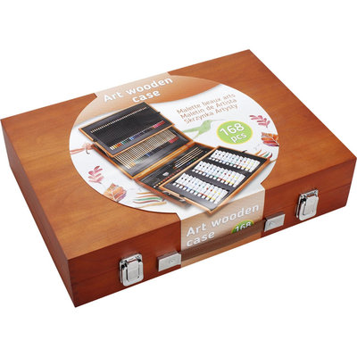 Decopatent Luxe XL 174 Delige Houten Schilderskoffer - Tekendoos - Tekenkoffer - Schilderskist - Schilderset en Aquarel Tekenset