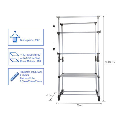 Decopatent Verrijdbaar mobiel 2 Laags Kledingrek + 2 Legplanken op wieltjes - Kleding rek in Hoogte instelbaar van 92 -> 162 Cm - 2 Kledingstangen - Dubbel kledingrek - Stevig Staand Mobiel Verstelbaar Kleren Rek Garderoberek  - Kleur: Zwart/Chrome - Decopatent®