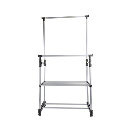 Decopatent Verrijdbaar mobiel 2 Laags Kledingrek + 2 Legplanken op wieltjes - Kleding rek in Hoogte instelbaar van 92 -> 162 Cm - 2 Kledingstangen - Dubbel kledingrek - Stevig Staand Mobiel Verstelbaar Kleren Rek Garderoberek  - Kleur: Zwart/Chrome - Decopatent®