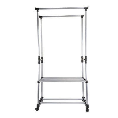 Decopatent Verrijdbaar mobiel 2 Laags Kledingrek + 2 Legplanken op wieltjes - Kleding rek in Hoogte instelbaar van 92 -> 162 Cm - 2 Kledingstangen - Dubbel kledingrek - Stevig Staand Mobiel Verstelbaar Kleren Rek Garderoberek  - Kleur: Zwart/Chrome - Decopatent®