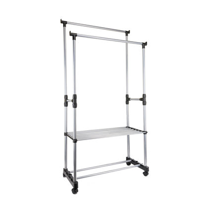 Decopatent Verrijdbaar mobiel 2 Laags Kledingrek + 2 Legplanken op wieltjes - Kleding rek in Hoogte instelbaar van 92 -> 162 Cm - 2 Kledingstangen - Dubbel kledingrek - Stevig Staand Mobiel Verstelbaar Kleren Rek Garderoberek  - Kleur: Zwart/Chrome - Decopatent®