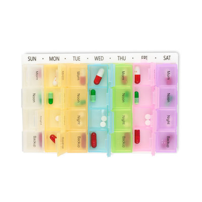 Decopatent XL Pillendoos / Medicijn Box met 28 Vakjes voor 4 Dagdelen - Week Pillendoos - Medicijnen Medicatiedoos 7 Dagen met 4 Compartimenten - Ochtend / Middag / Avond / Backup - Medicijnbak / Medicatie pillen organizer opbergdoos - Decopatent®