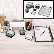 Decopatent 6 Delige Complete Bureau Organizer Set - Mesh bureau organizer - Pennenbakje van metaal / gaas - Brievenbak  - Memobox - Paperclip houder - Visitekaartjes houder - Brief houder - Buro pennenhouder - Kleur: Zwart – Decopatent®