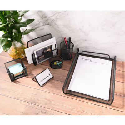 Decopatent 6 Delige Complete Bureau Organizer Set - Mesh bureau organizer - Pennenbakje van metaal / gaas - Brievenbak  - Memobox - Paperclip houder - Visitekaartjes houder - Brief houder - Buro pennenhouder - Kleur: Zwart – Decopatent®