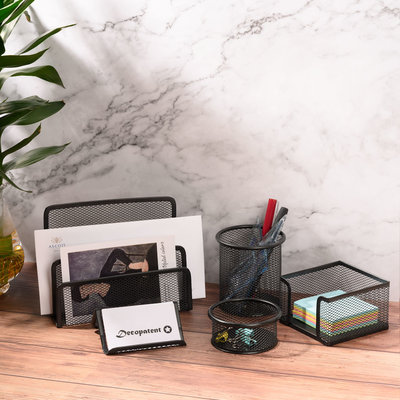 Decopatent 6 Delige Complete Bureau Organizer Set - Mesh bureau organizer - Pennenbakje van metaal / gaas - Brievenbak  - Memobox - Paperclip houder - Visitekaartjes houder - Brief houder - Buro pennenhouder - Kleur: Zwart – Decopatent®