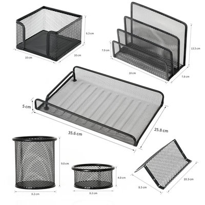 Decopatent 6 Delige Complete Bureau Organizer Set - Mesh bureau organizer - Pennenbakje van metaal / gaas - Brievenbak  - Memobox - Paperclip houder - Visitekaartjes houder - Brief houder - Buro pennenhouder - Kleur: Zwart – Decopatent®