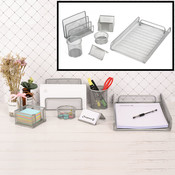 Decopatent 6 Delige Complete Bureau Organizer Set - Mesh bureau organizer - Pennenbakje van metaal / gaas - Brievenbak  - Memobox - Paperclip houder - Visitekaartjes houder - Brief houder - Buro pennenhouder - Kleur: Zilver – Decopatent®