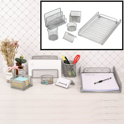 Decopatent 6 Delige Complete Bureau Organizer Set - Mesh bureau organizer - Pennenbakje van metaal / gaas - Brievenbak  - Memobox - Paperclip houder - Visitekaartjes houder - Brief houder - Buro pennenhouder - Kleur: Zilver – Decopatent®