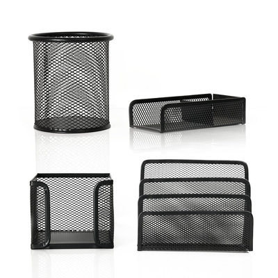 Decopatent 4 Delige Complete Bureau Organizer Set - Mesh bureau organizer - Pennenbakje van metaal / gaas - Brievenbak  - Memobox - Paperclip houder - Brief houder - Buro pennenhouder - Kleur: Zwart – Decopatent®