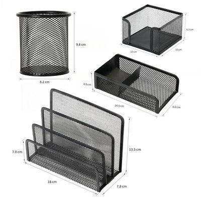 Decopatent 4 Delige Complete Bureau Organizer Set - Mesh bureau organizer - Pennenbakje van metaal / gaas - Brievenbak  - Memobox - Paperclip houder - Brief houder - Buro pennenhouder - Kleur: Zwart – Decopatent®
