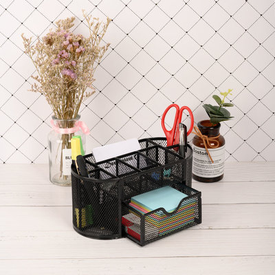 Decopatent Pennenbak met 8 vakken en 1 schuiflade voor pennen, potloden, notitieblok / post it en paperclips etc - Mesh bureau organizer - pennenbakje van metaal / gaas - pennenhouder - bureau organizer Kleur: Zwart – Decopatent®