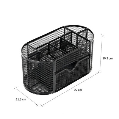 Decopatent Pennenbak met 8 vakken en 1 schuiflade voor pennen, potloden, notitieblok / post it en paperclips etc - Mesh bureau organizer - pennenbakje van metaal / gaas - pennenhouder - bureau organizer Kleur: Zwart – Decopatent®