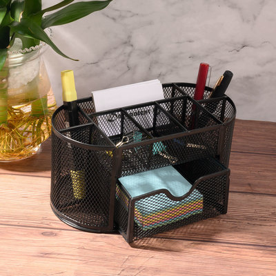 Decopatent Pennenbak met 8 vakken en 1 schuiflade voor pennen, potloden, notitieblok / post it en paperclips etc - Mesh bureau organizer - pennenbakje van metaal / gaas - pennenhouder - bureau organizer Kleur: Zwart – Decopatent®