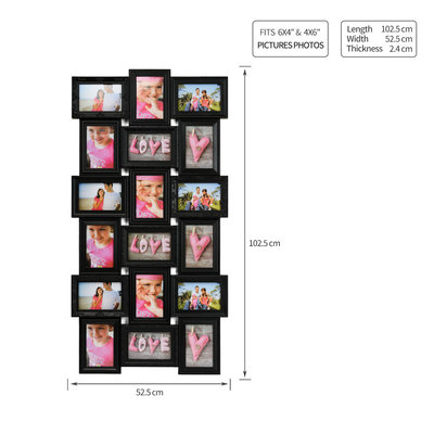 Decopatent XL Fotolijst collage voor 18 Foto's van 10 x 15 & 15 x 10 Cm - Fotolijsten Collage voor foto formaat 9x 10x15 Cm & 9x 15x10 Cm - Fotogalerij fotocollage - Fotolijstje met 18 fotokaders - Fotokader - Afm: 52.5 x 102.5 Cm - ZWART - Decopatent®