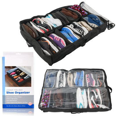 Decopatent Schoenen organizer opberg tas voor 12 Paar Schoenen - Schoenen opberg systeem - Schoenen opbergen onder bed of kast - Opbergbox - Schoenenopberger - Opberglade schoenen opbergsysteem - Schoenenzak met rits - Kleur: ZWART -  Decopatent®