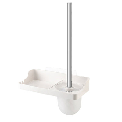 Decopatent WC borstel met houder hangend met Legplankje - Toiletborstel in houder met plakstrip - Toiletborstelhouder voor aan de wand - Hygiënische WC borstel vrijstaand - toiletset - Toilet / WC borstel en houder - WIT - Decopatent®