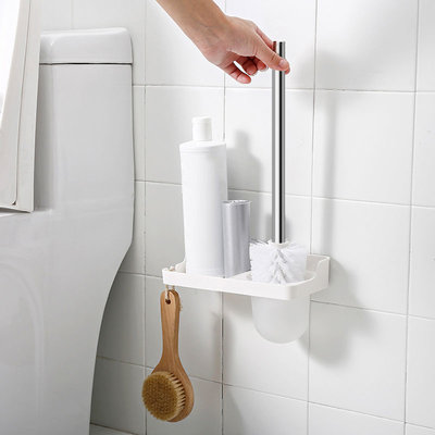 Decopatent WC borstel met houder hangend met Legplankje - Toiletborstel in houder met plakstrip - Toiletborstelhouder voor aan de wand - Hygiënische WC borstel vrijstaand - toiletset - Toilet / WC borstel en houder - WIT - Decopatent®