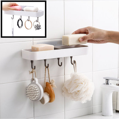 Decopatent Zelfklevende Hangende Dubbele zeephouder voor 2 stuks zeep met 4 Ophang haken - Voor Douche / Badkamer / Keuken / Toilet - Zeepbakje met plakstrip - Zeepschaal hangend - Zeep houder Muur / Wand Montage - Decopatent® 