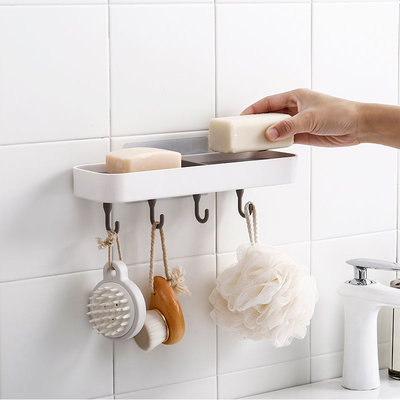 Decopatent Zelfklevende Hangende Dubbele zeephouder voor 2 stuks zeep met 4 Ophang haken - Voor Douche / Badkamer / Keuken / Toilet - Zeepbakje met plakstrip - Zeepschaal hangend - Zeep houder Muur / Wand Montage - Decopatent® 