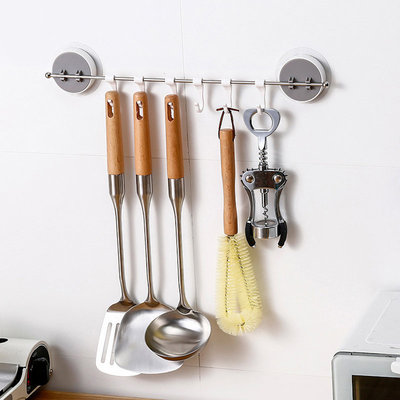 Decopatent Keuken / Badkamer wandrek met 6 Ophanghaken - Hangend zwevend keukenrek / Badkamerrek voorzien van 6 ophang haken - Wandplank voor bestek en keuken accesoires - Muur / Wand Bevestiging - Montage zonder Boren - Decopatent® 