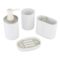 Decopatent Luxe 4 Delige Badkamer / Toilet accessoires Set - Kunsstof Badkamerset - Witte Badkamer- & Toiletset - Badkamer accessoires set - Tandenborstelhouder / Beker / Zeepdispencer met pompje / Zeepschaal - GEBROKEN WIT - Decopatent®