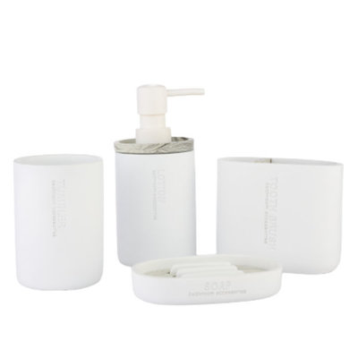 Decopatent Luxe 4 Delige Badkamer / Toilet accessoires Set - Kunsstof Badkamerset - Witte Badkamer- & Toiletset - Badkamer accessoires set - Tandenborstelhouder / Beker / Zeepdispencer met pompje / Zeepschaal - GEBROKEN WIT - Decopatent®