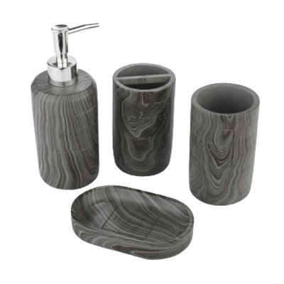 Decopatent Luxe 4 Delige Badkamer / Toilet accessoires Set - Kunsstof Badkamerset - Grijs Badkamer- & Toiletset - Badkamer accessoires set - Tandenborstelhouder / Beker / Zeepdispencer met pompje / Zeepschaal - Grijs Marmer Kleur - Decopatent®