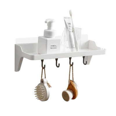 Decopatent Zelfklevend Keuken / Badkamer / Toilet Opbergrek met 1 Legplank en 4 Ophanghaken - Muur / Wand Bevestiging met Plakstrip - Keuken gerei houder - Wandplank - Zonder Boren & Schroeven - Decopatent®