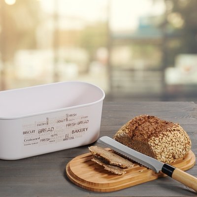 Kesper Melamine Ovale 2 in 1 Broodtrommel met Bamboe Snijplank | Brood Bewaar doos met hoge kwaliteit Bamboe snij plank | Met Bamboe Deksel, te gebruiken als brood snijplank | Afm. 34 x 20 x 14.5 Cm. | Kleur Brood trommel: Naturel Wit