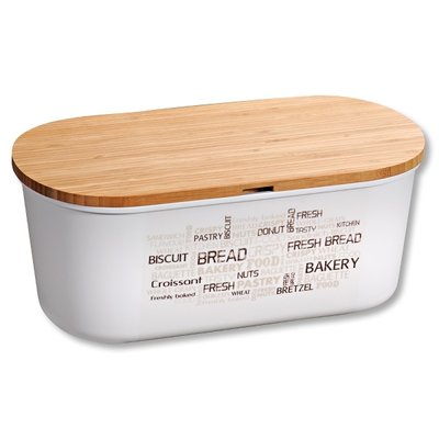 Kesper Melamine Ovale 2 in 1 Broodtrommel met Bamboe Snijplank | Brood Bewaar doos met hoge kwaliteit Bamboe snij plank | Met Bamboe Deksel, te gebruiken als brood snijplank | Afm. 34 x 20 x 14.5 Cm. | Kleur Brood trommel: Naturel Wit