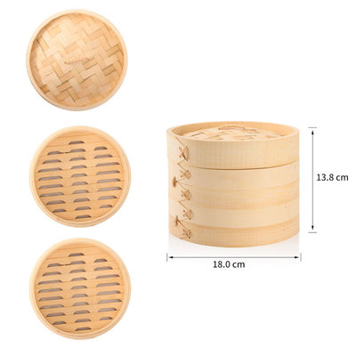 Decopatent 3 Delig Stoommandje met deksel  - Ø18 Cm - Bamboe - Rijst Stoommanden - Stomer - Steamer Cooker - Dim Sum Stoomschaal