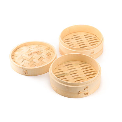 Decopatent 3 Delig Stoommandje met deksel  - Ø18 Cm - Bamboe - Rijst Stoommanden - Stomer - Steamer Cooker - Dim Sum Stoomschaal