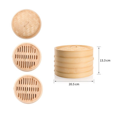 Decopatent 3 Delig Stoommandje met deksel  - Ø20.5 Cm - Bamboe - Rijst Stoommanden - Stomer Steamer Cooker - Dim Sum Stoomschaal