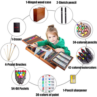 Decopatent Luxe XL 174 Delige Houten Schilderskoffer - Tekendoos - Tekenkoffer - Schilderskist - Schilderset en Aquarel Tekenset
